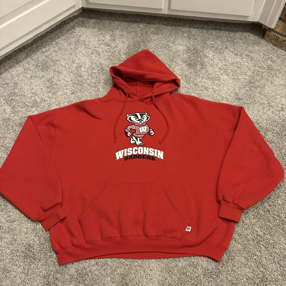 Vintage 90s Wisconsin Badgers Hoodie Mens XXL NCAA Sweatshirt Russell Athletic